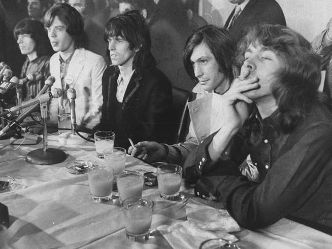 The Rolling Stones, at a press conference.  From left to right: Bill Wyman, Mick Jagger, Keith Richards, Charlie Watts and Mick Taylor in New York in 1969.