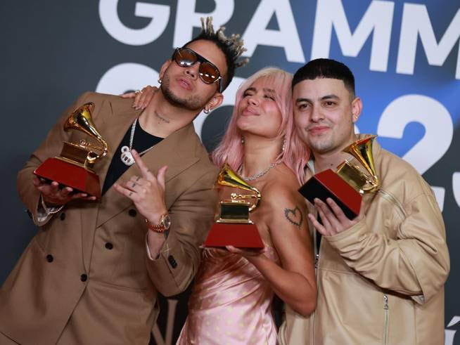 Ovy On The Drums, Karol G, and Kevyn Mauricio Cruz at the Latin Grammys in Seville.  Patricia J. Garcinuno/WireImage