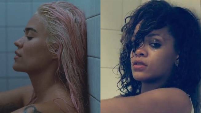 Karol G and Rihanna in 'Contigo'  and 'We found love'