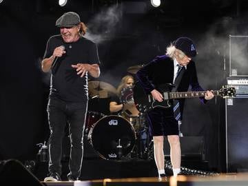 Brian Johnson, Matt Laug and Angus Young during an AC/DC concert at the Empire Polo Club in Indio, California on October 7, 2023.