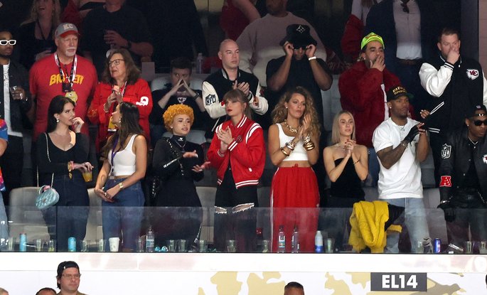 Taylor Swift Ice Spice and Blake Lively in the stands at the 2024 Super Bowl