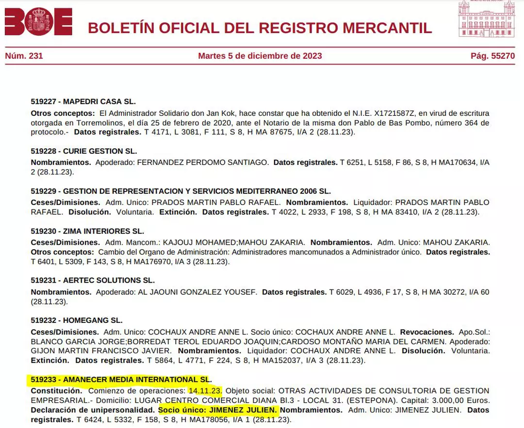 Julien Jimenez continues his activity as a website publisher with a new company located in Spain. © Official Bulletin of the Mercantile Registry, Province of Malaga