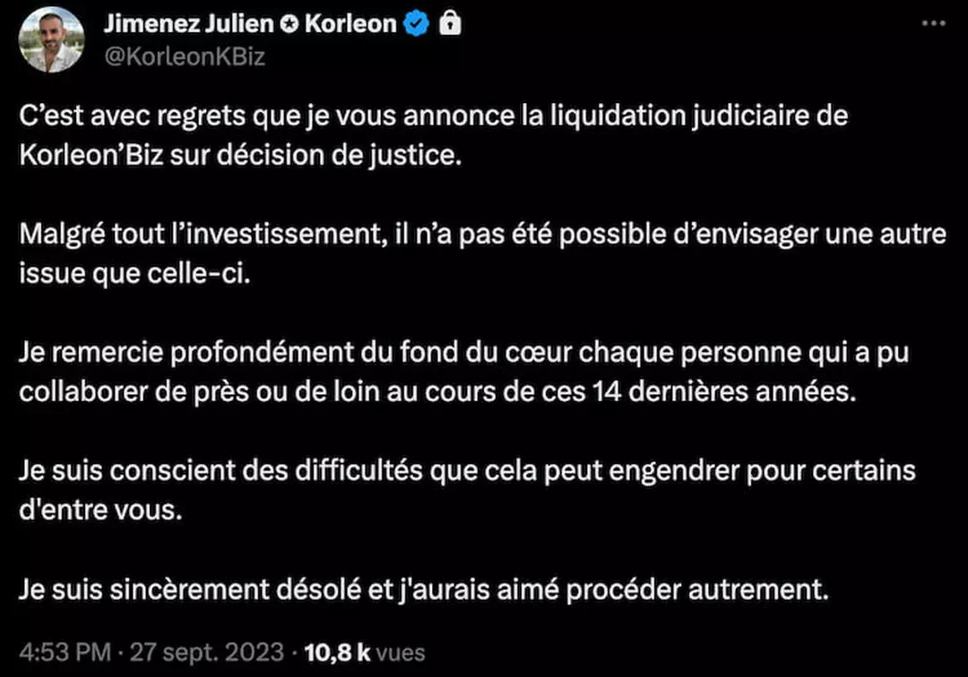 On 27 September, Julien Jimenez announced on Twitter the liquidation of Korleon'Biz. © Twitter - Julien Jimenez