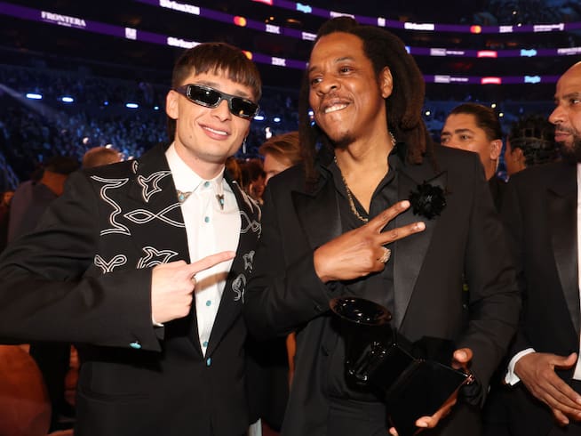 Featherweight, a reference for corridos tumbados, alongside Jay-Z, a reference for hip hop, at the 2024 GRAMMYs. Johnny Nunez / Getty Images for The Recording Academy